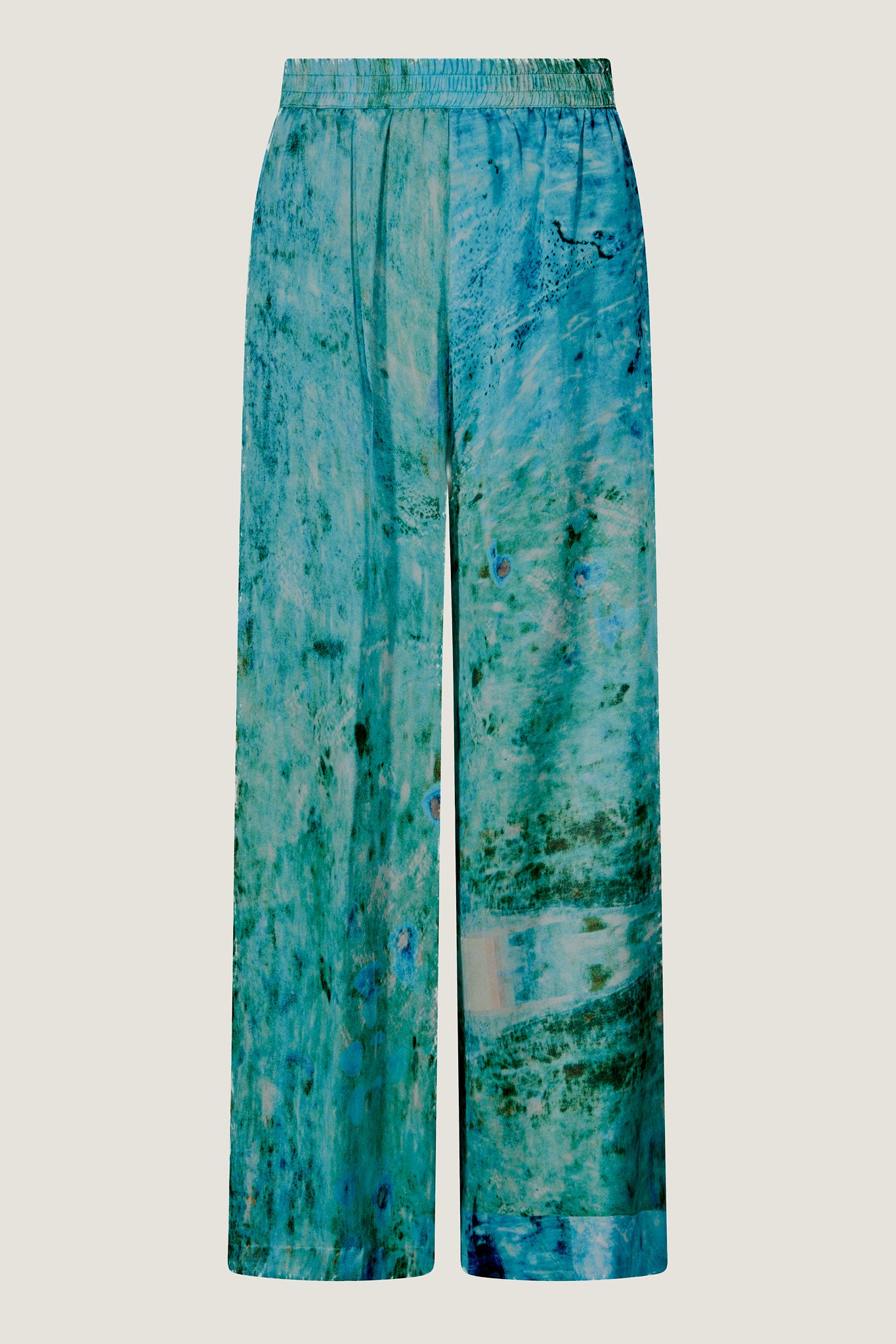 printed silk wide leg pant with photographic surface