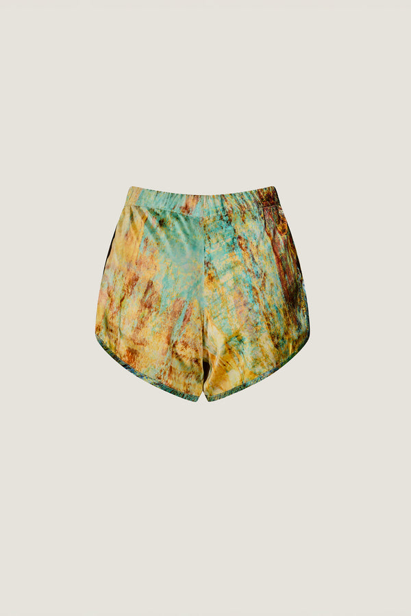 printed silk shorts with photographic surface