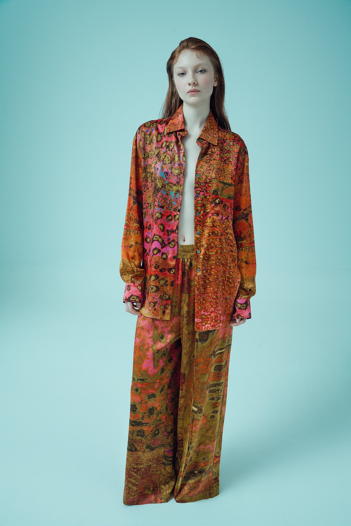 printed silk wide leg pant with photographic surface