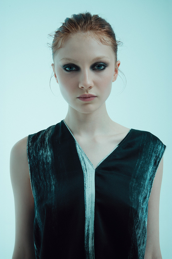 printed silk v-neck-top with photographic surface