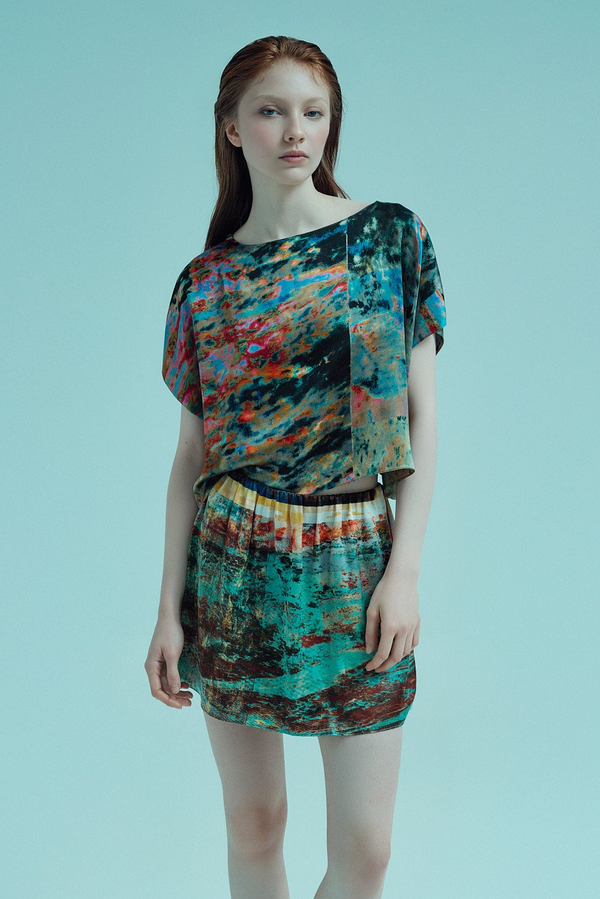 printed silk boxy top with photographic surface