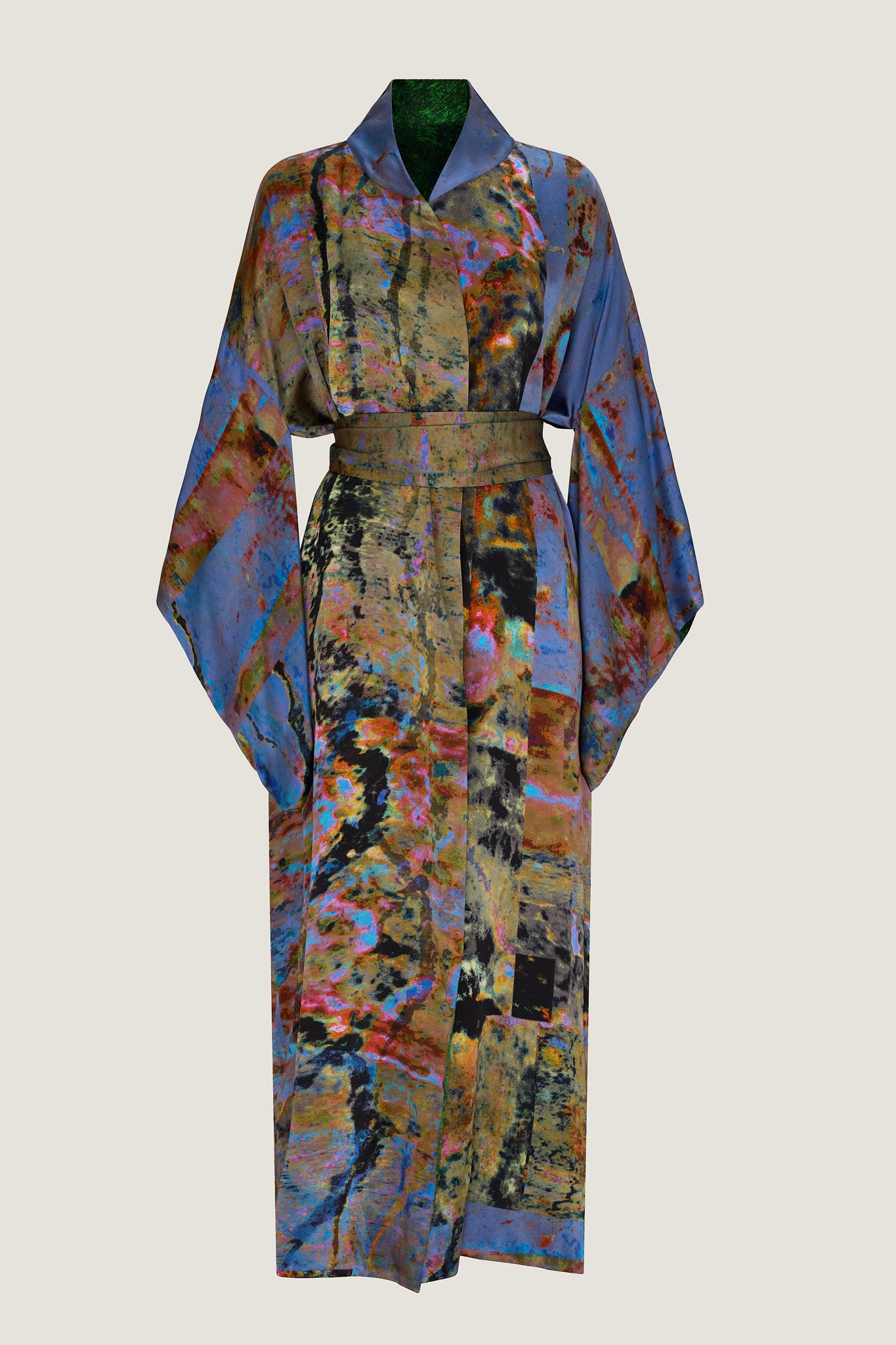printed silk kimono wrap with photographic surface