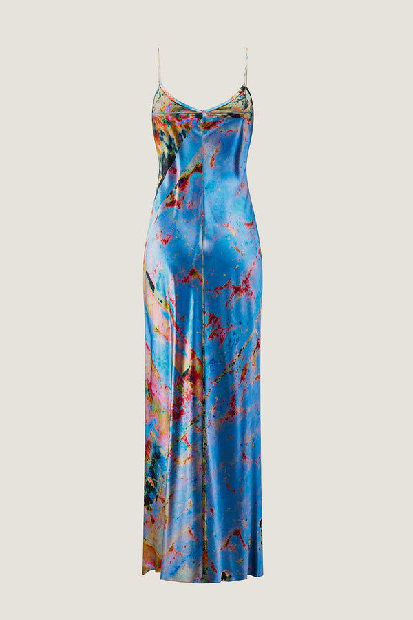 printed silk slip dress with photographic surface