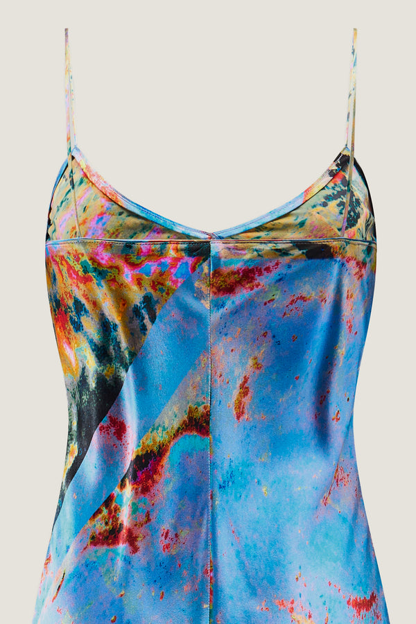 printed silk slip dress with photographic surface