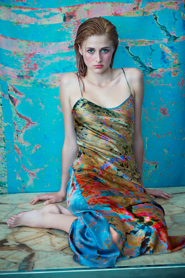 printed silk slip dress with photographic surface