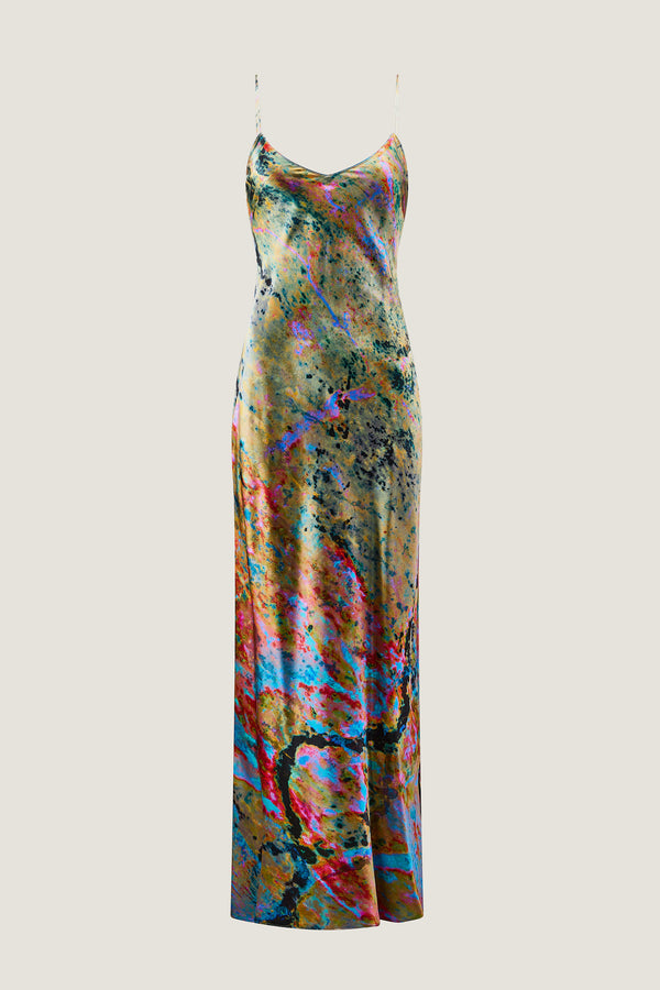 printed silk slip dress with photographic surface