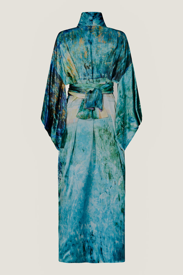 printed silk kimono wrap with photographic surface