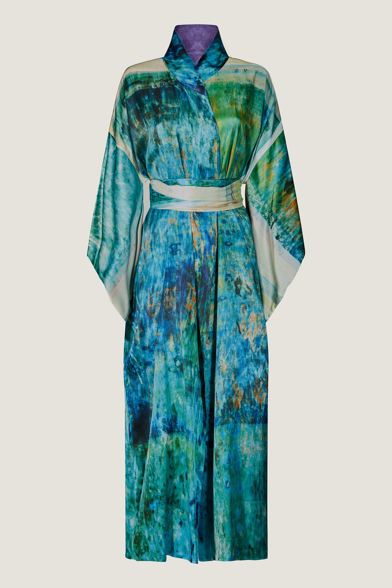 printed silk kimono wrap with photographic surface