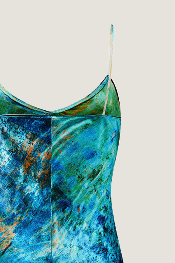 printed silk slip dress with photographic surface