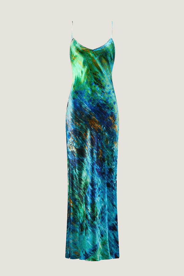 printed silk slip dress with photographic surface
