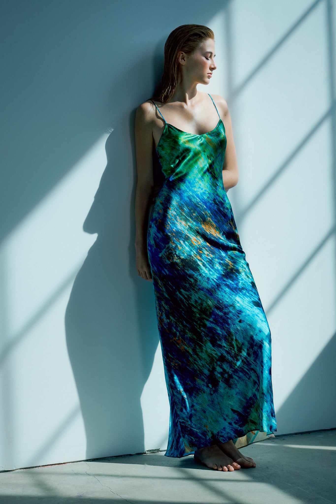 printed silk slip dress with photographic surface