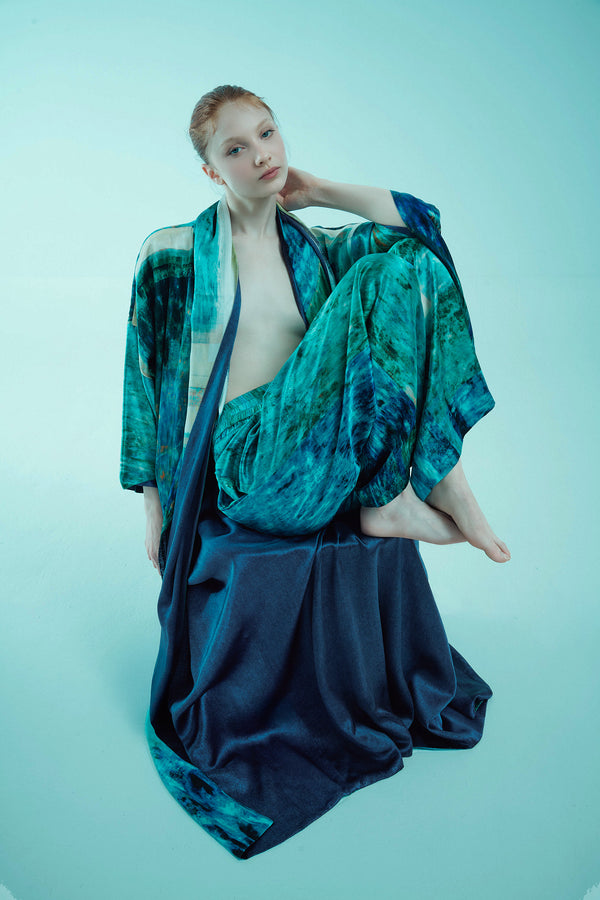 printed silk wide leg pant with photographic surface