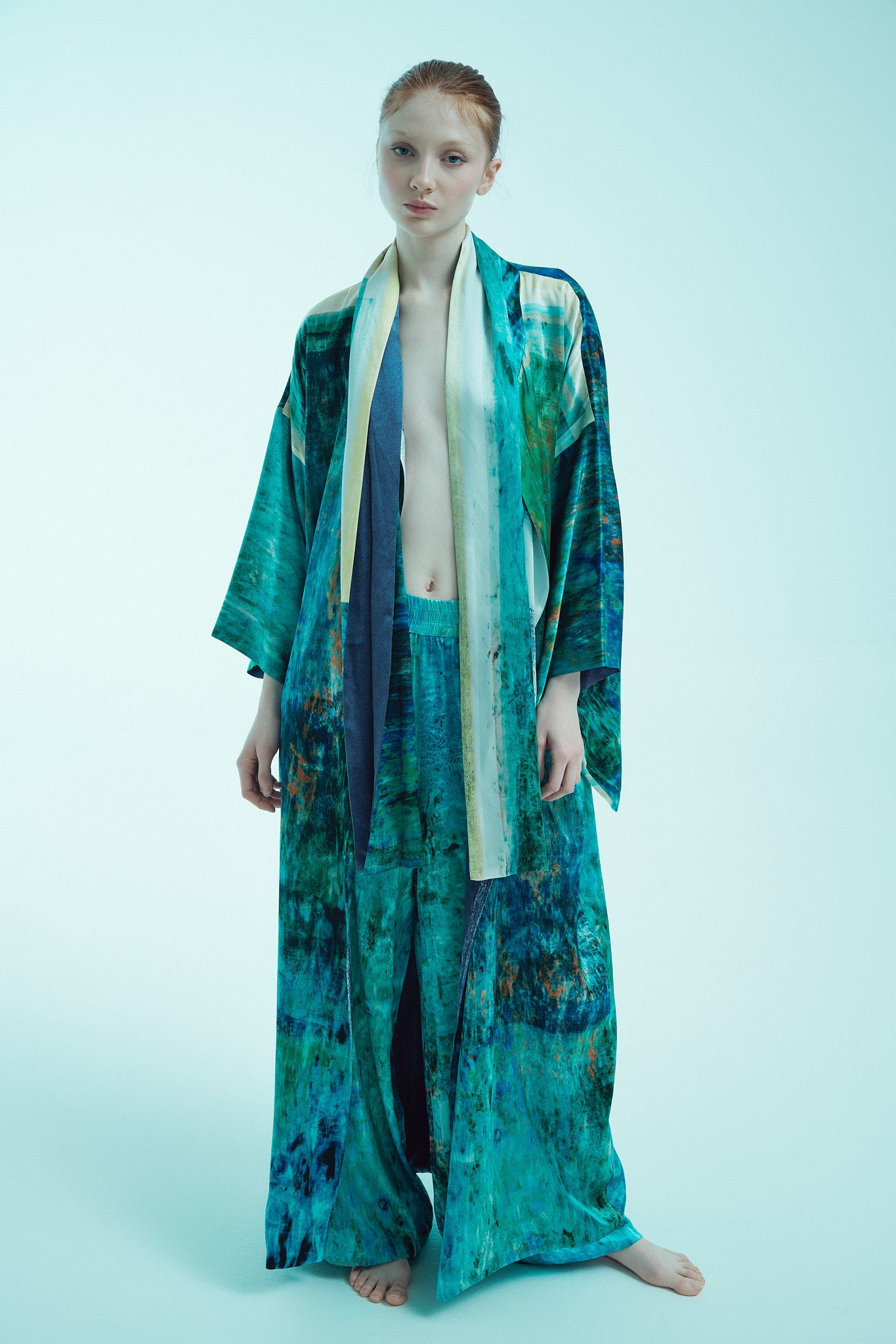 printed silk wide leg pant and kimono wrap with photographic surface