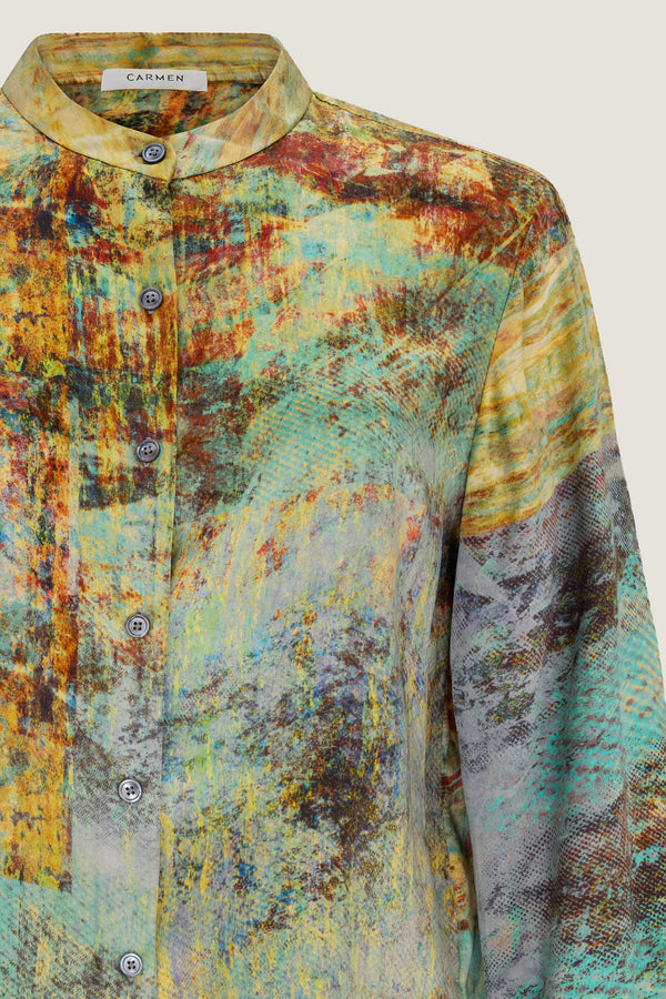 printed silk band collar shirt with photographic surface