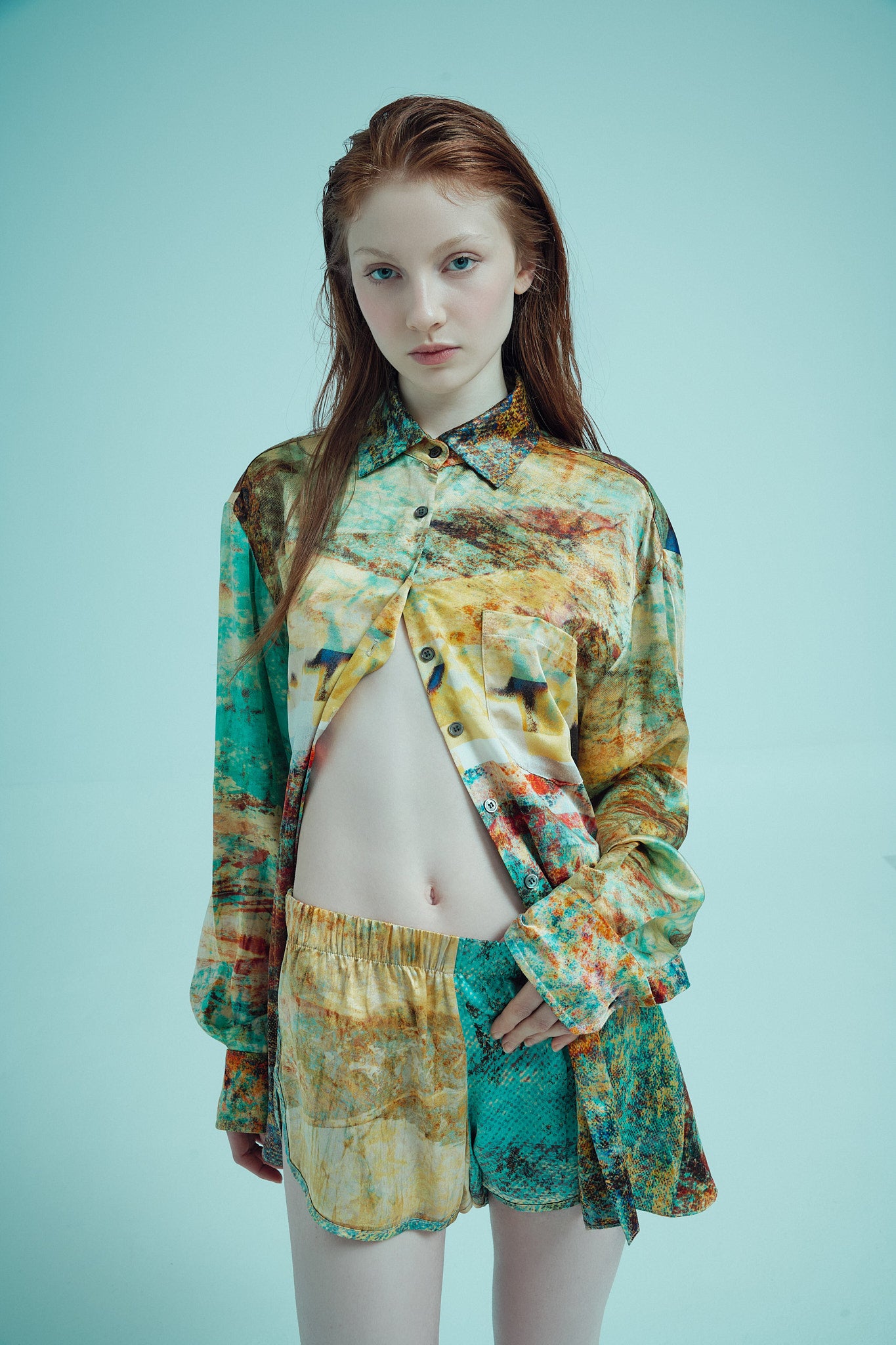 printed silk shorts with photographic surface