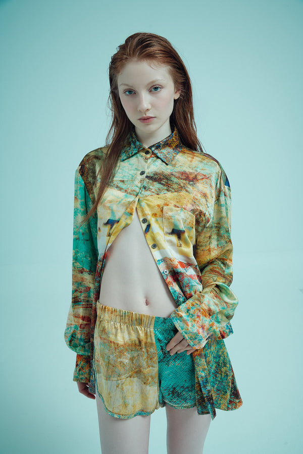 printed silk shorts with photographic surface