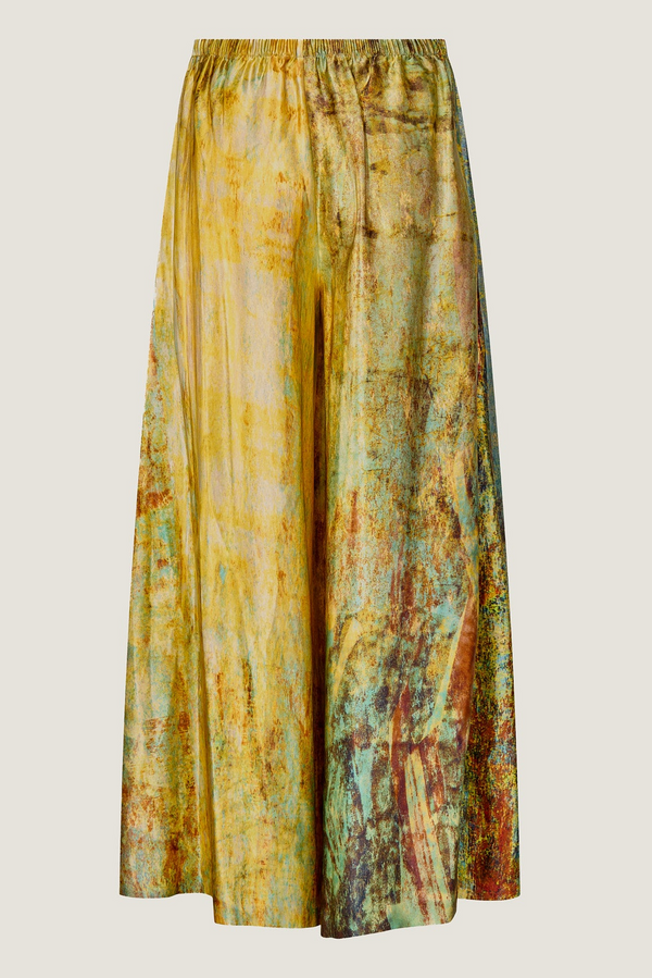 printed silk skirt pant with photographic surface