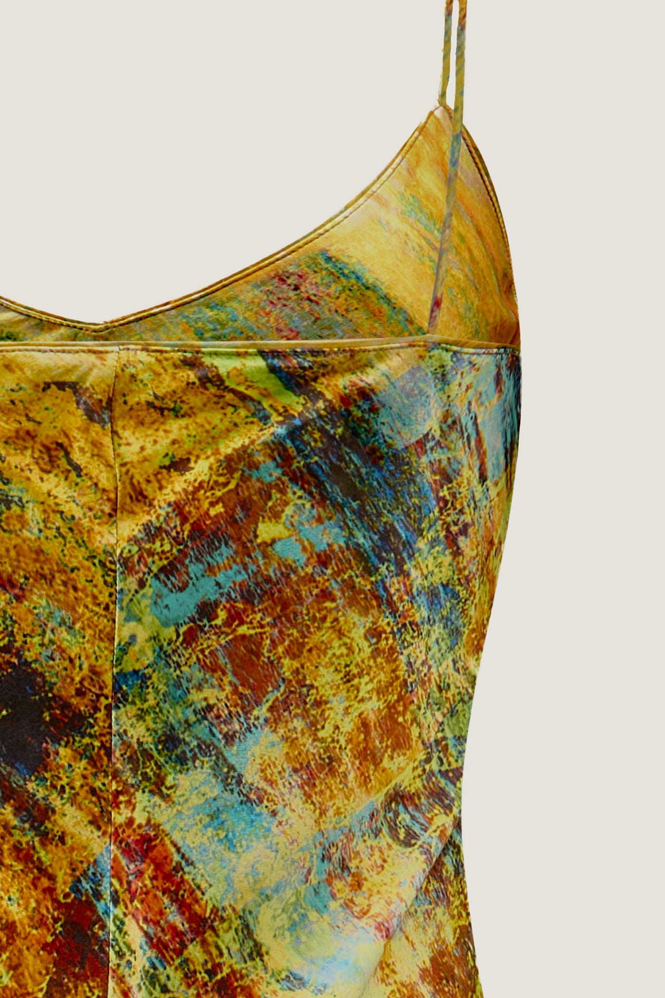 printed silk slip dress with photographic surface