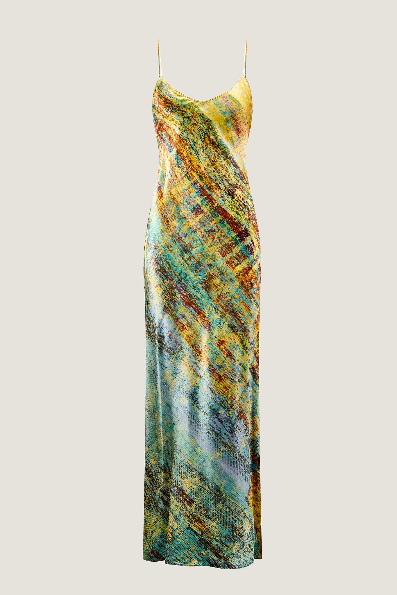 printed silk slip dress with photographic surface