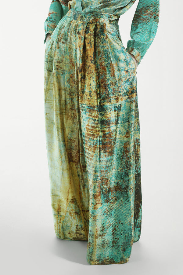printed silk tailored pant with photographic surface