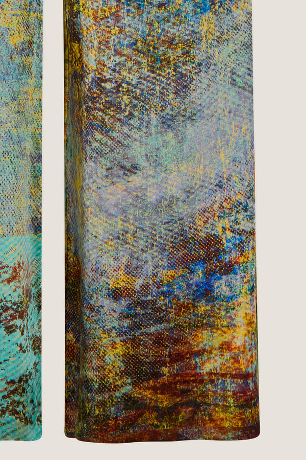 printed silk wide leg pant with photographic surface