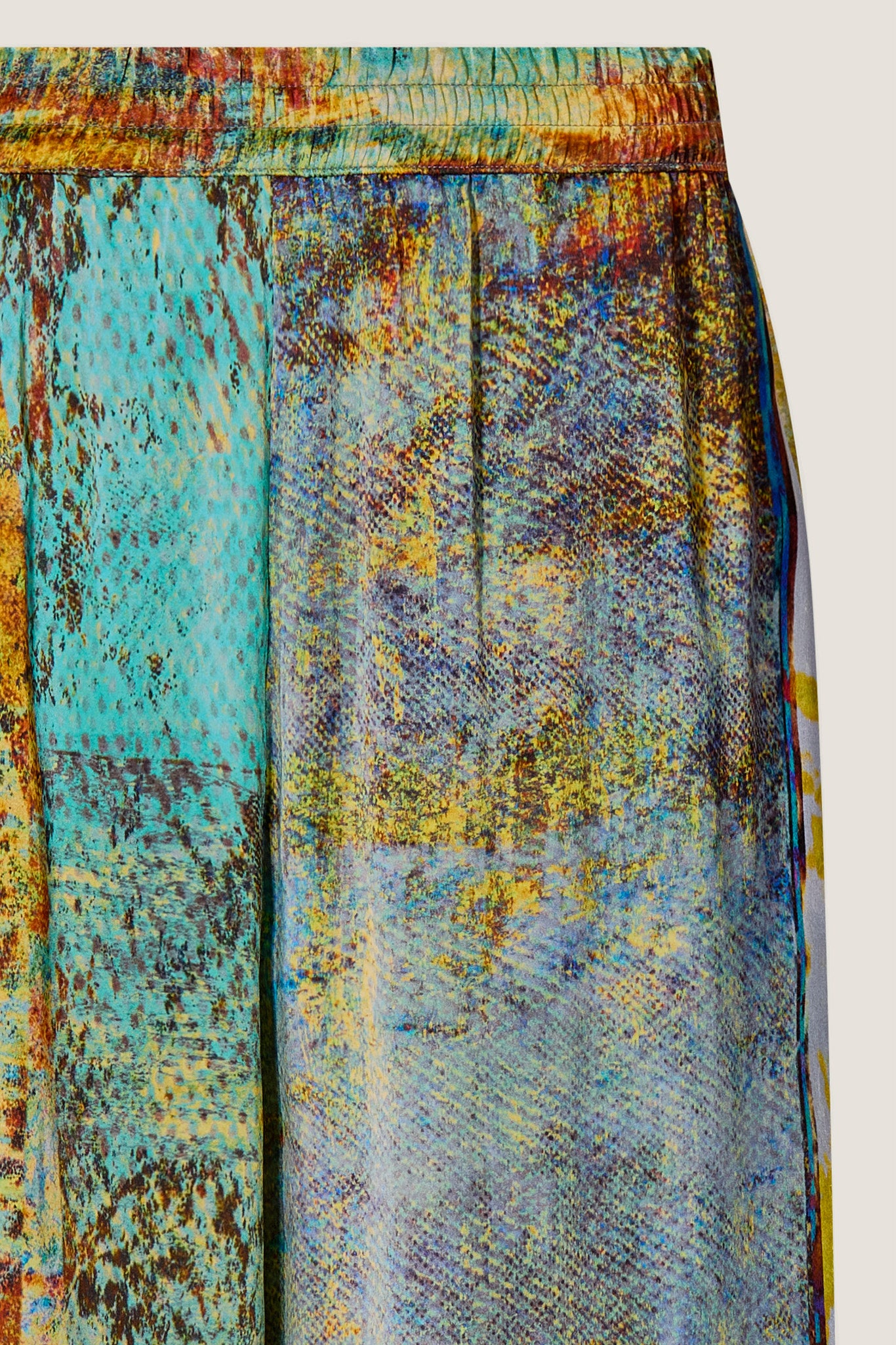 printed silk wide leg pant with photographic surface