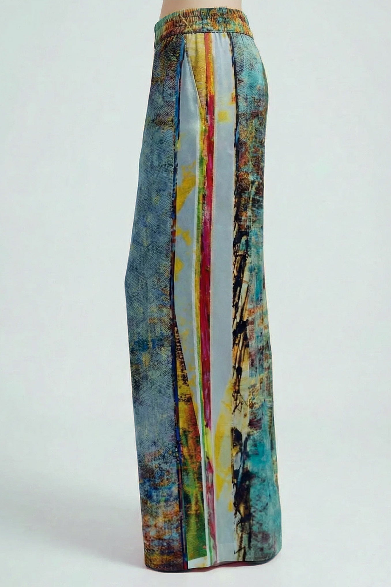 printed silk wide leg pant with photographic surface