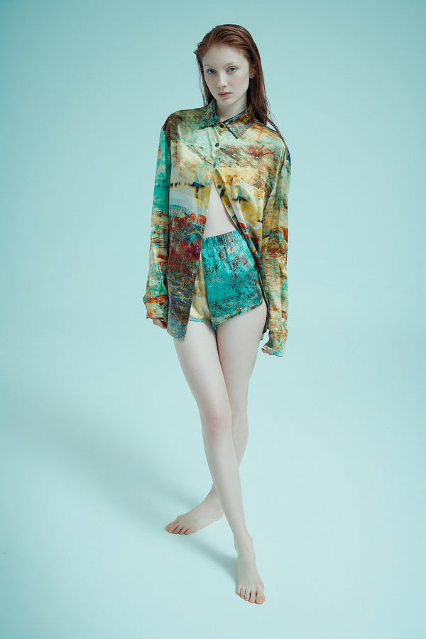 printed silk button down shirt with photographic surface