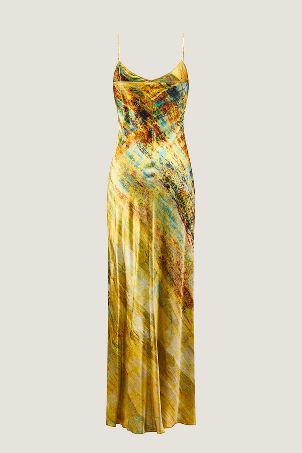printed silk slip dress with photographic surface