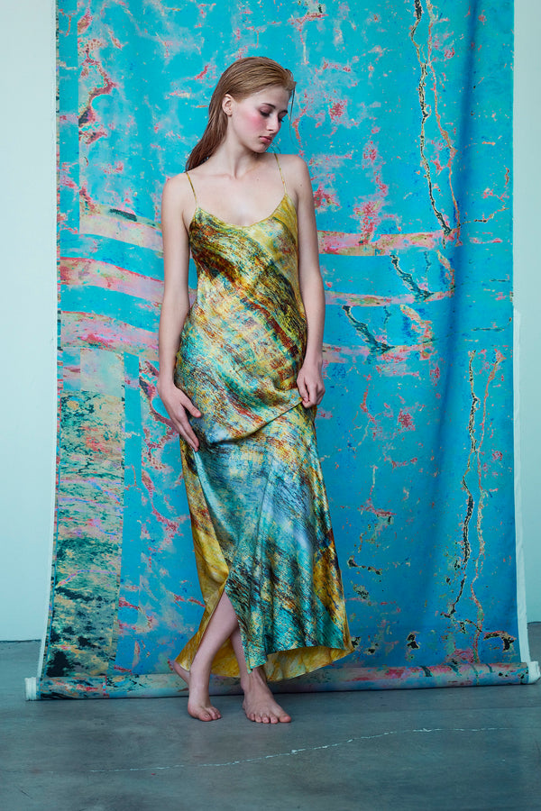 printed silk slip dress with photographic surface