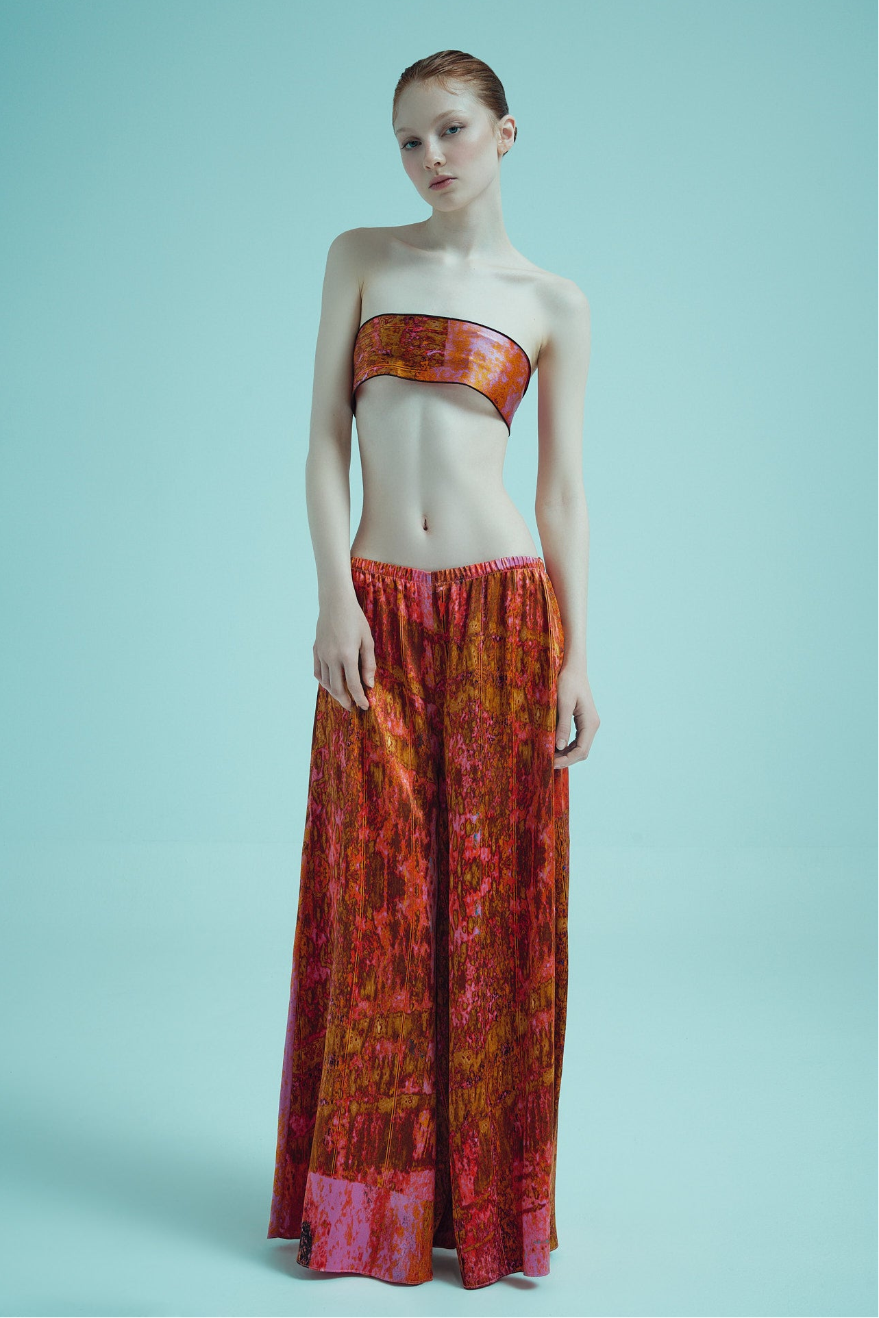 printed silk skirt pant with photographic surface