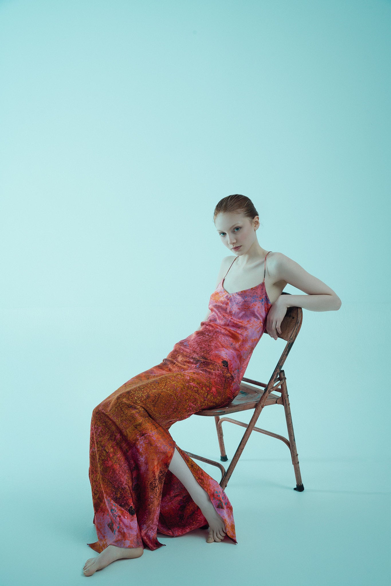 printed silk slip dress with photographic surface