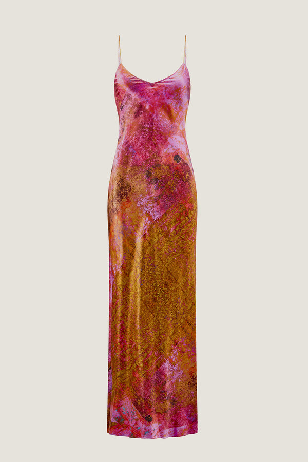 printed silk slip dress with photographic surface