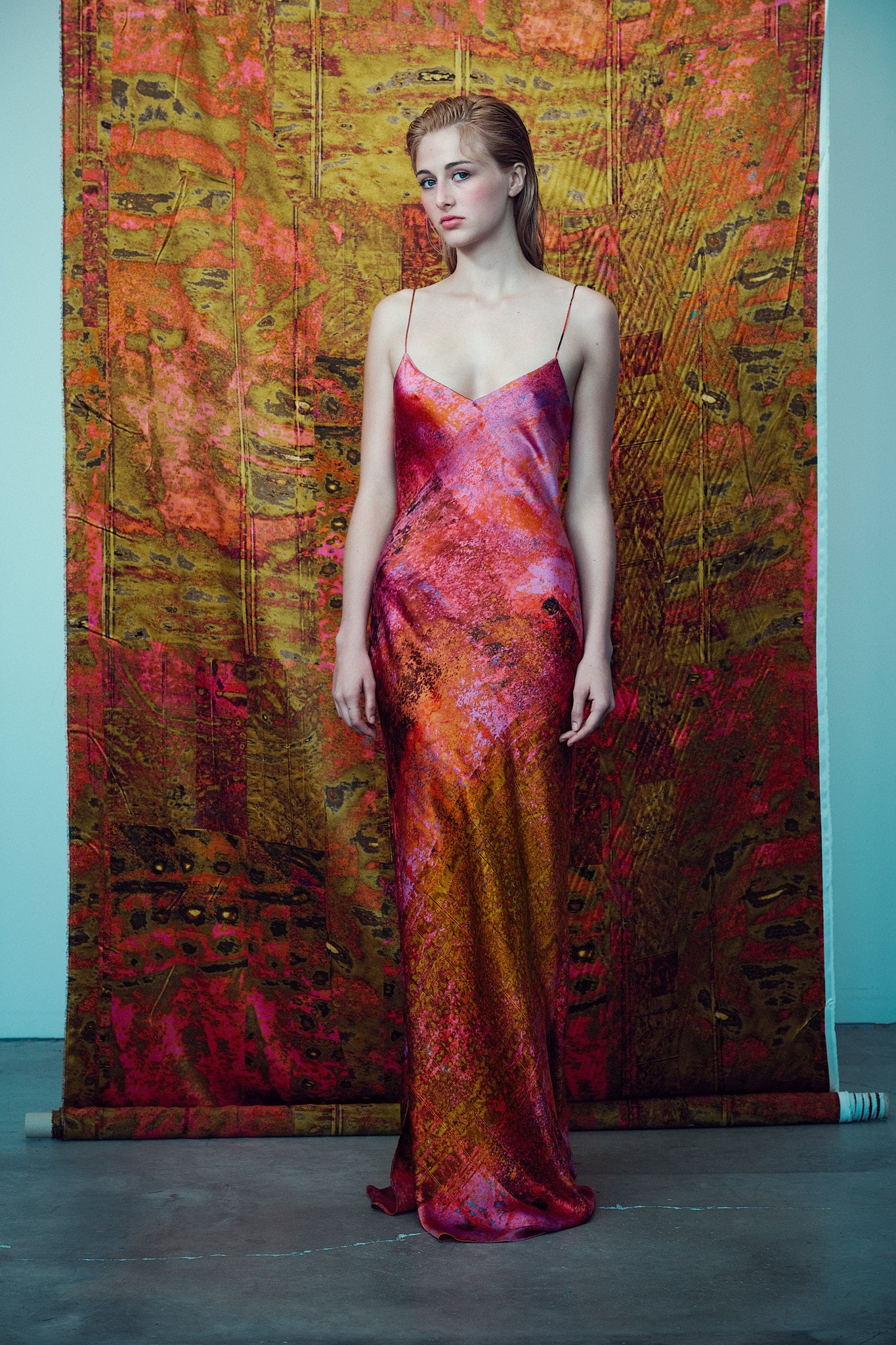 printed silk slip dress with photographic surface