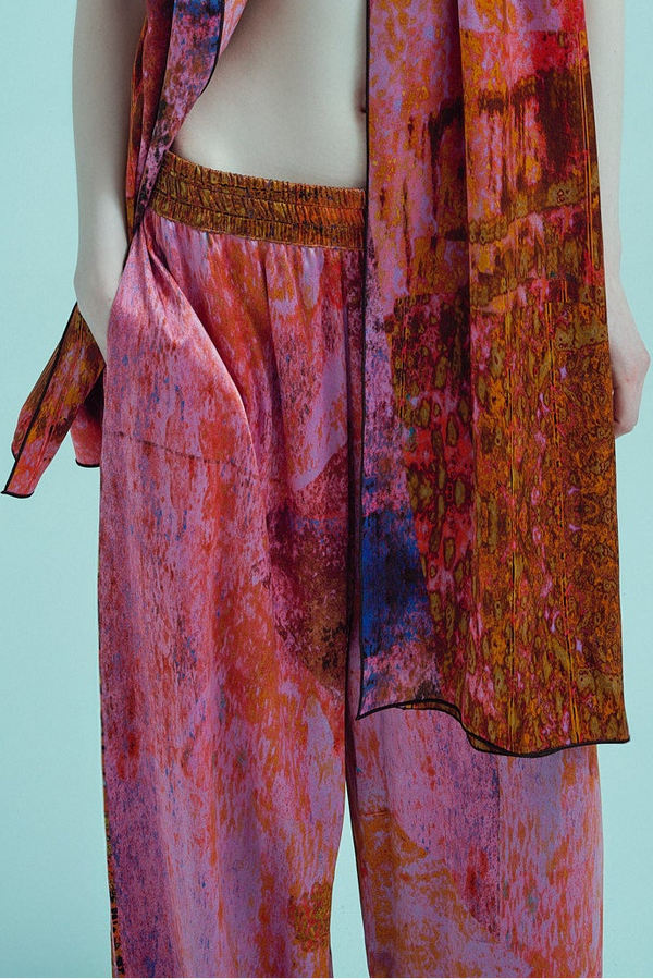 printed silk wide leg pant with photographic surface