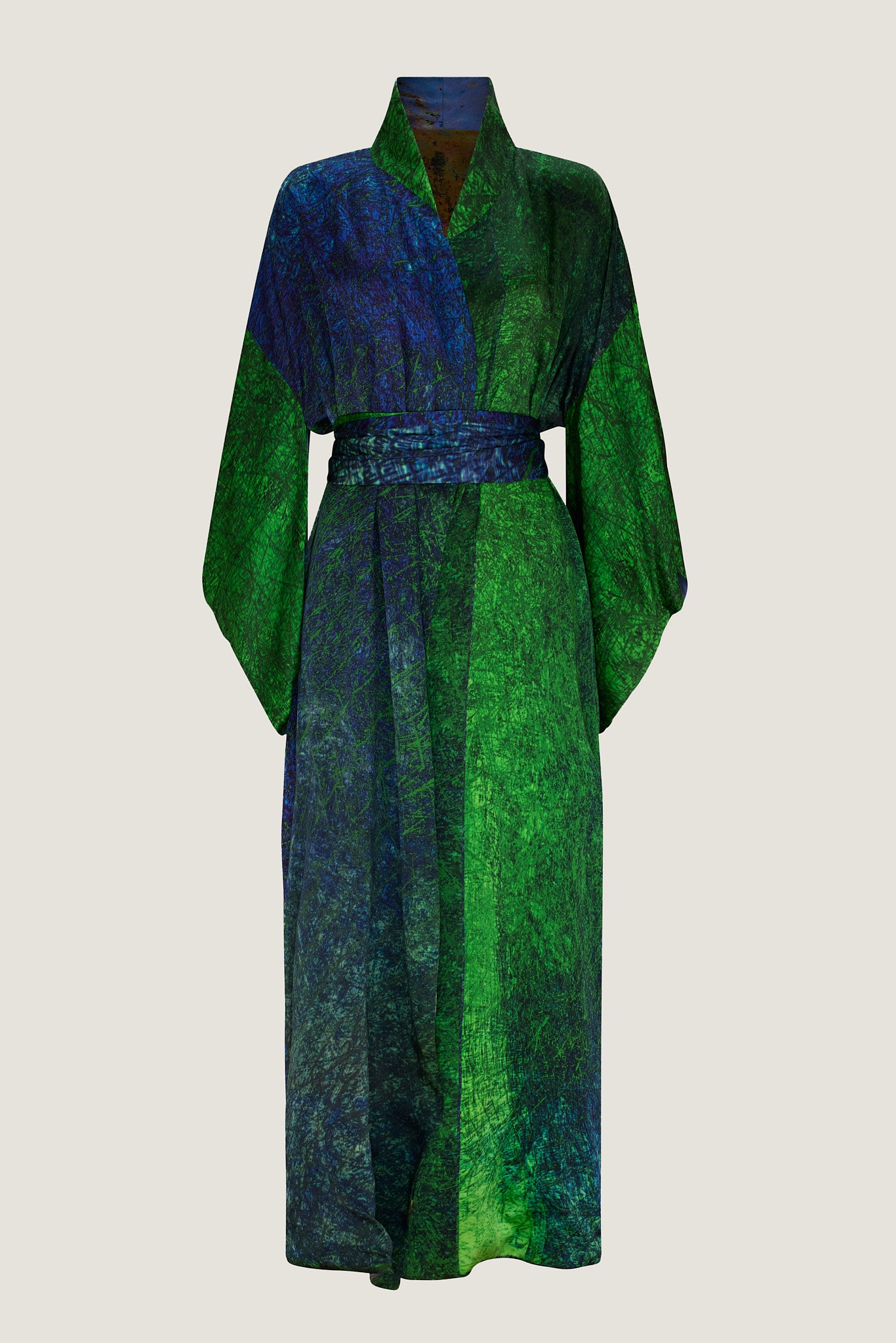 printed silk kimono wrap with photographic surface