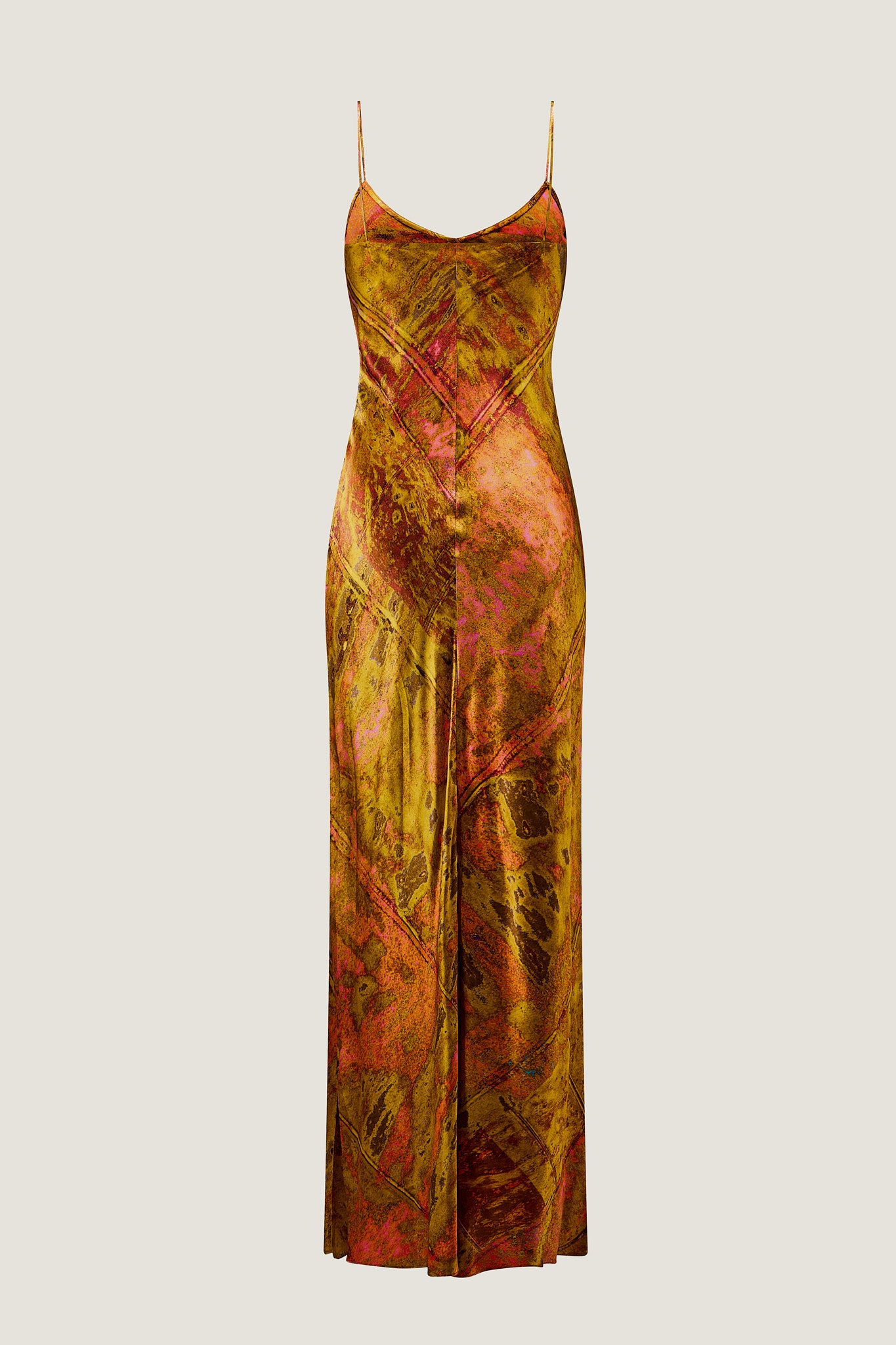 Long, abstract patterned slip dress